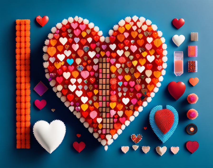 Heart made of smaller hearts & objects with beauty products on blue background