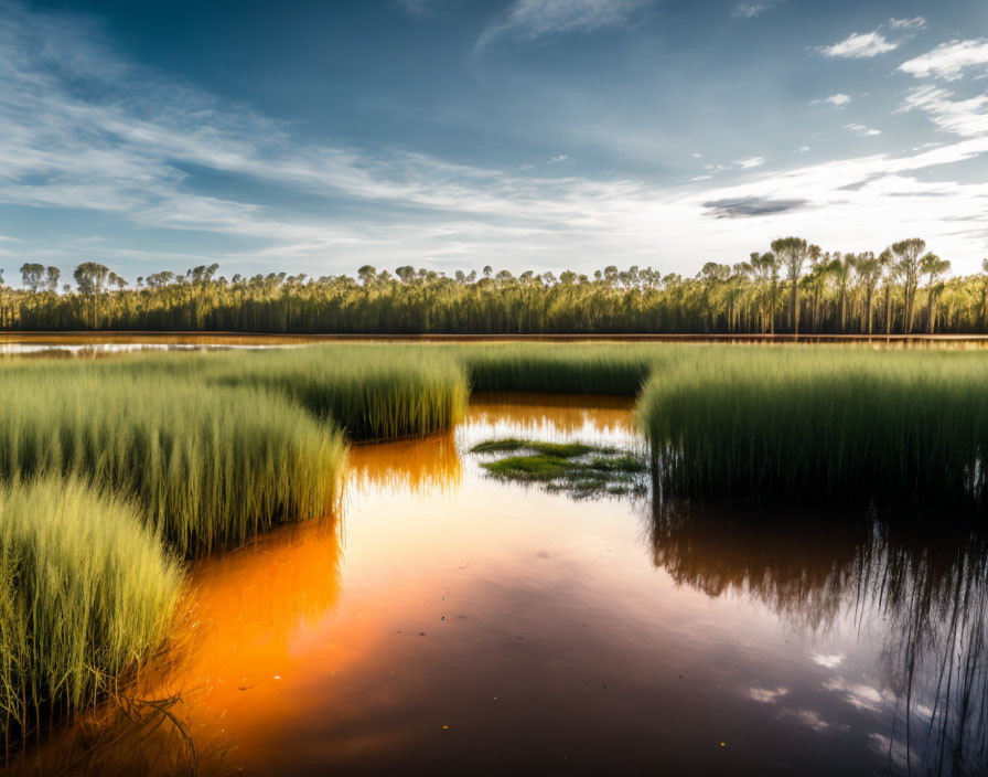 Tranquil wetland scene with tall grasses and sunset reflection.