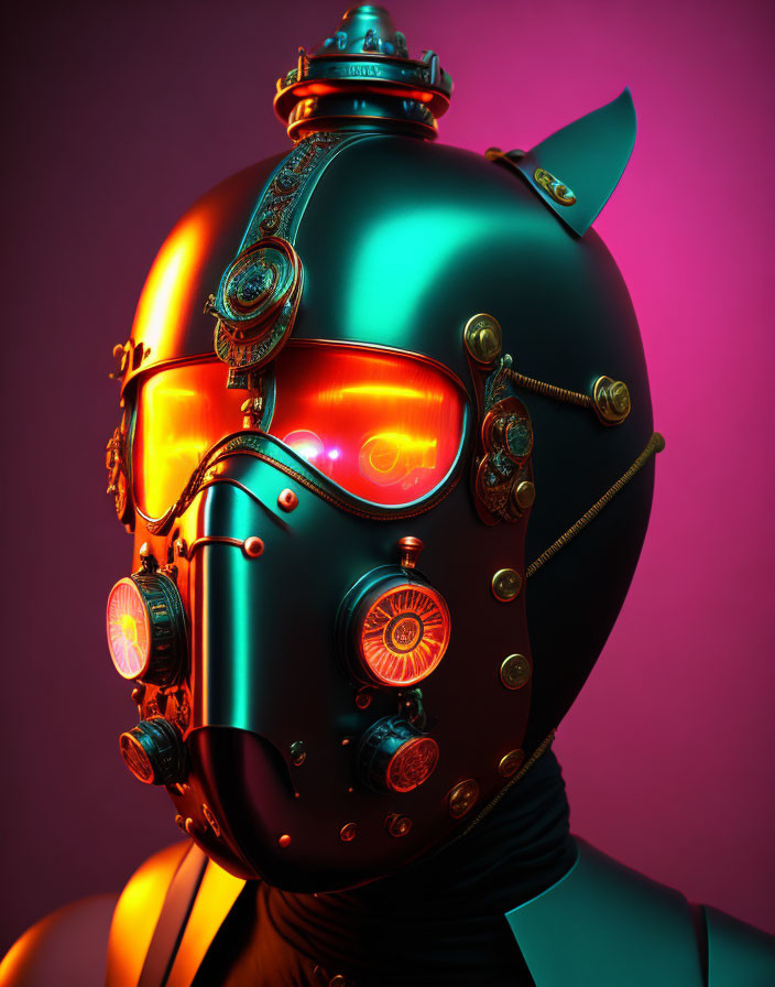 Steampunk-style helmet with glowing orange lenses and intricate metallic details