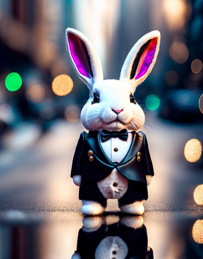 Toy Rabbit in Tuxedo on City Street with Bokeh Lights