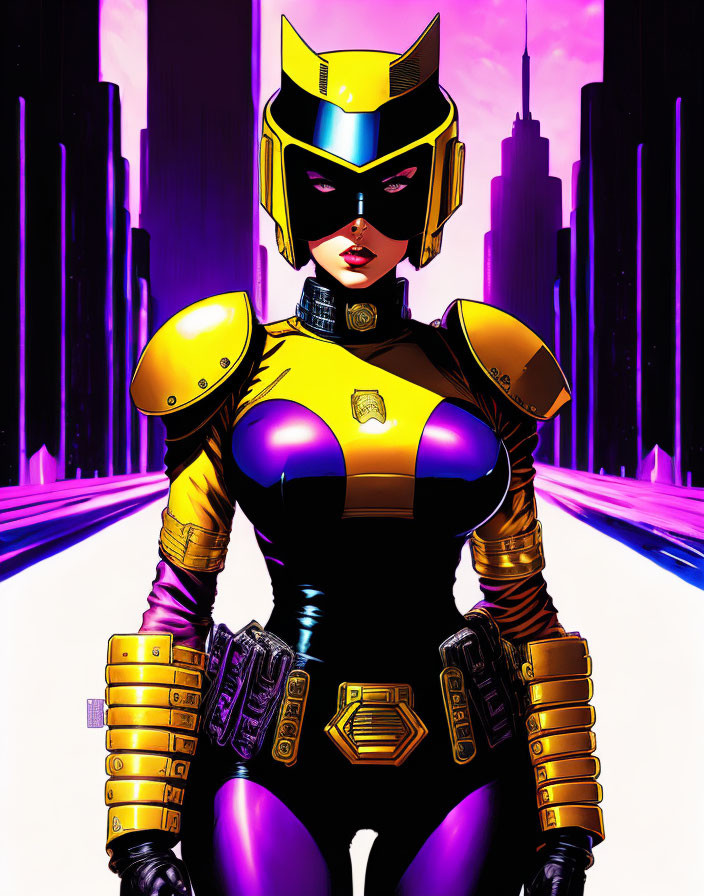 Female superhero in yellow and black costume against futuristic cityscape