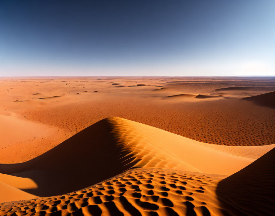 Rolling sand dunes under blue sky in vast desert landscape