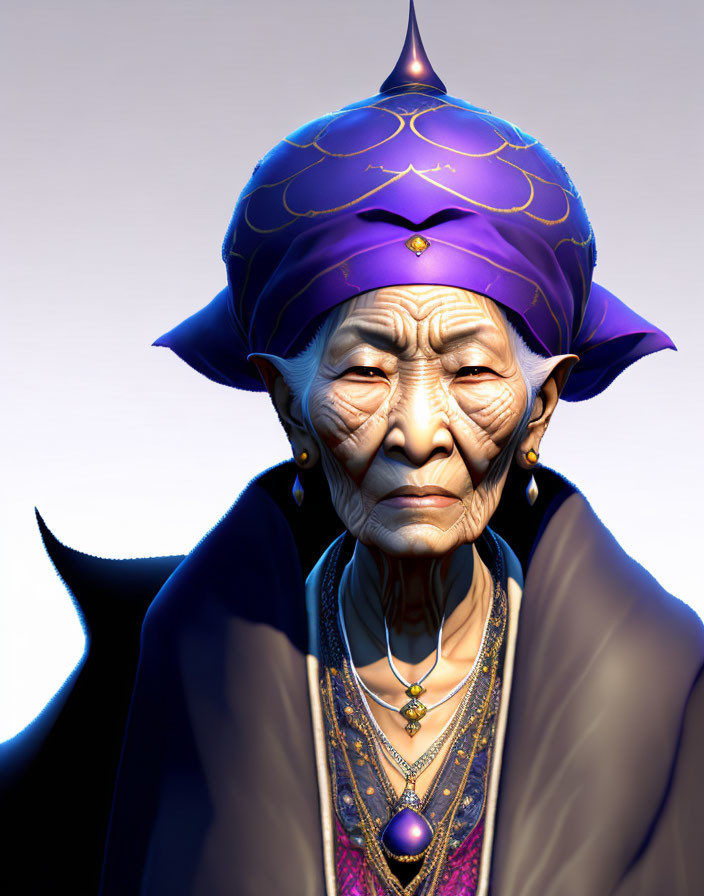 Elderly animated woman in purple headscarf and jewelry.