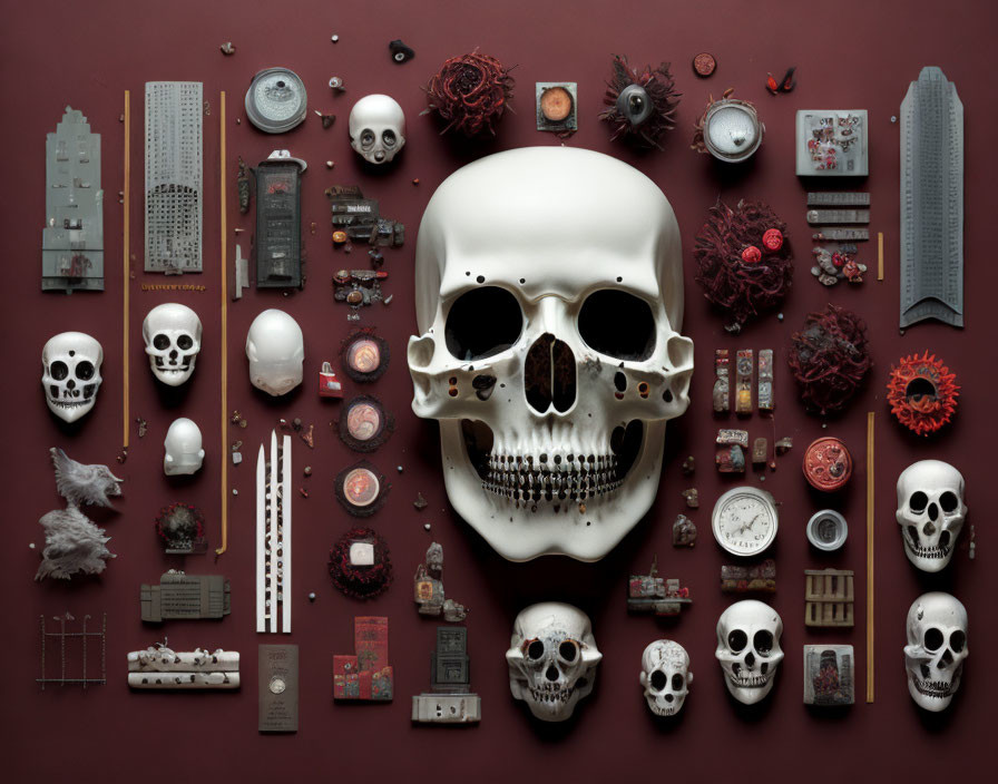 Skulls, Gears, and Textured Objects Arranged on Dark Background