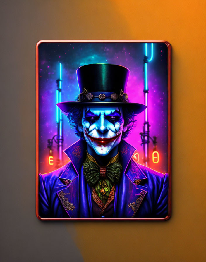 Colorful Joker digital art in neon aesthetic against stylized backdrop