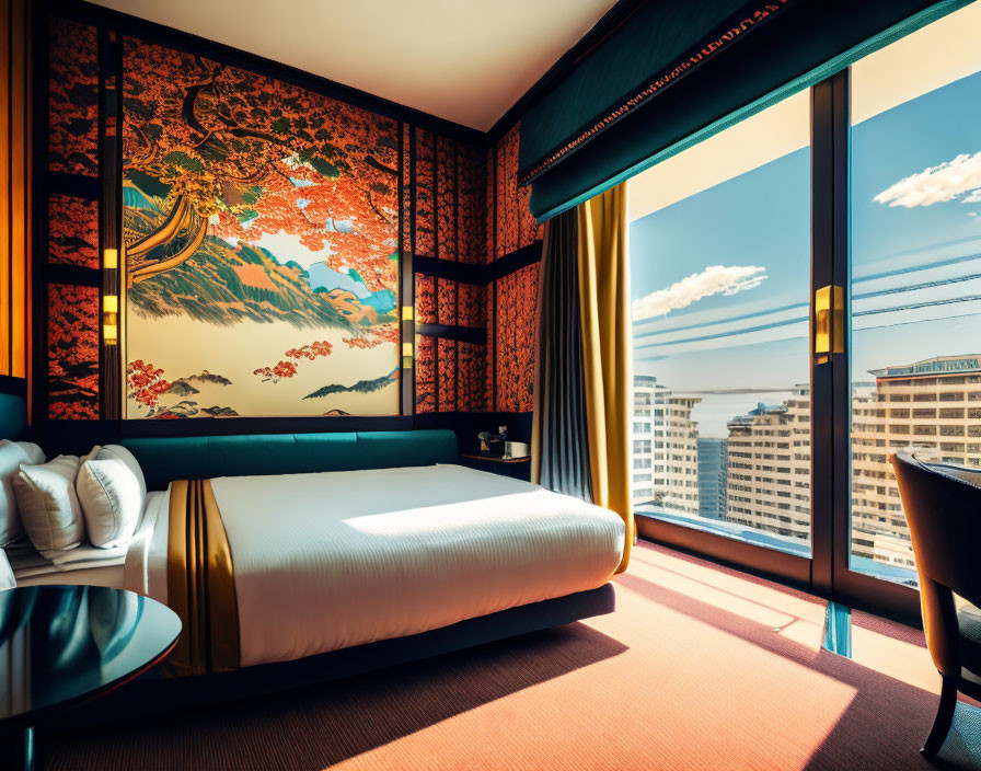 Traditional Japanese Artwork in Hotel Room with City Views & Vibrant Colors