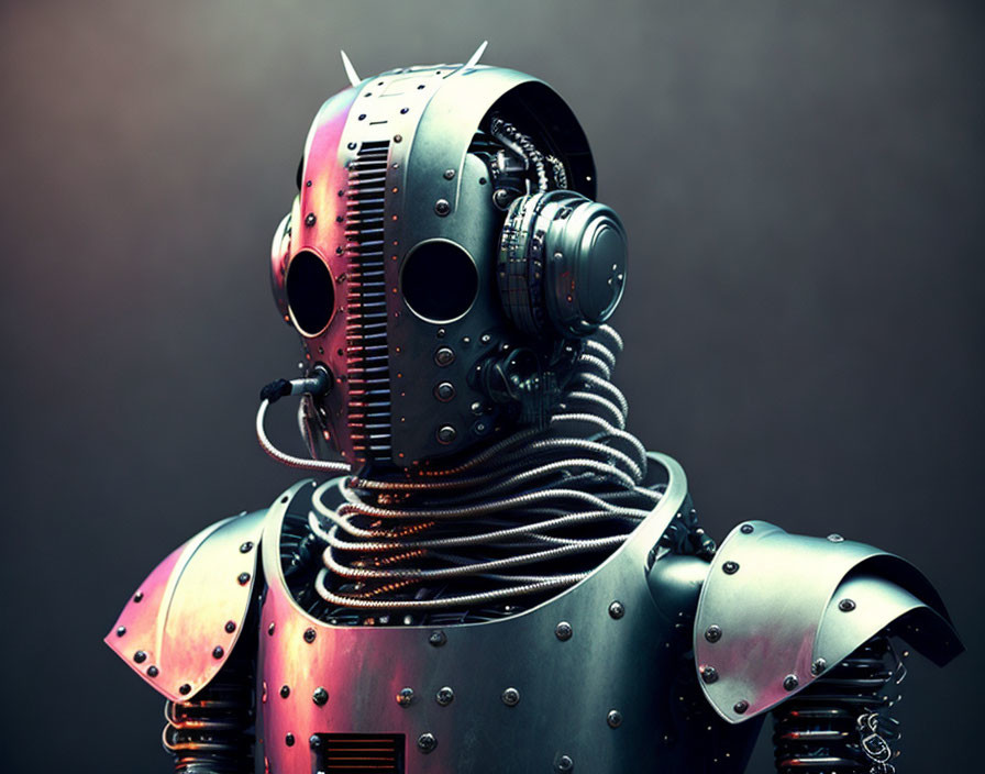 Detailed robot with intricate metal armor and helmet against dark background