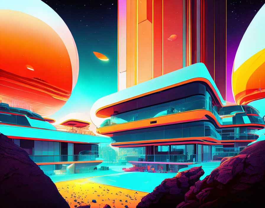 Futuristic cityscape with neon colors, alien landscape, orbs, and spacecraft