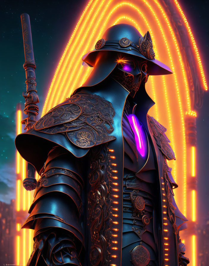 Futuristic knight in glowing purple armor wields sword under neon lights