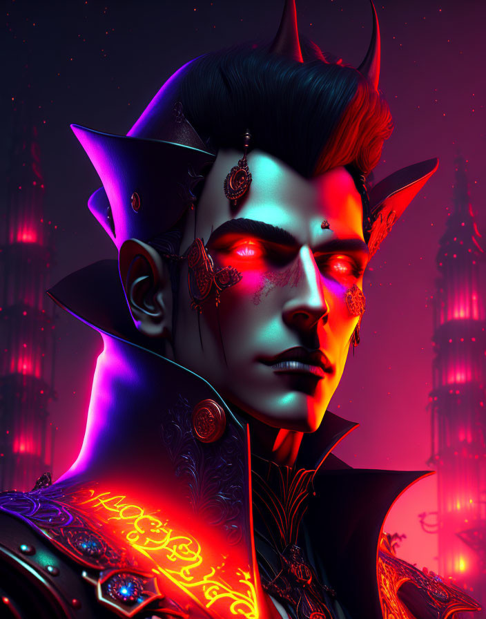 Fantastical male figure with stylized horns and glowing armor in futuristic cityscape