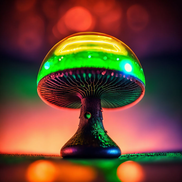 Colorful Glass Mushroom Sculpture on Vibrant Bokeh Background