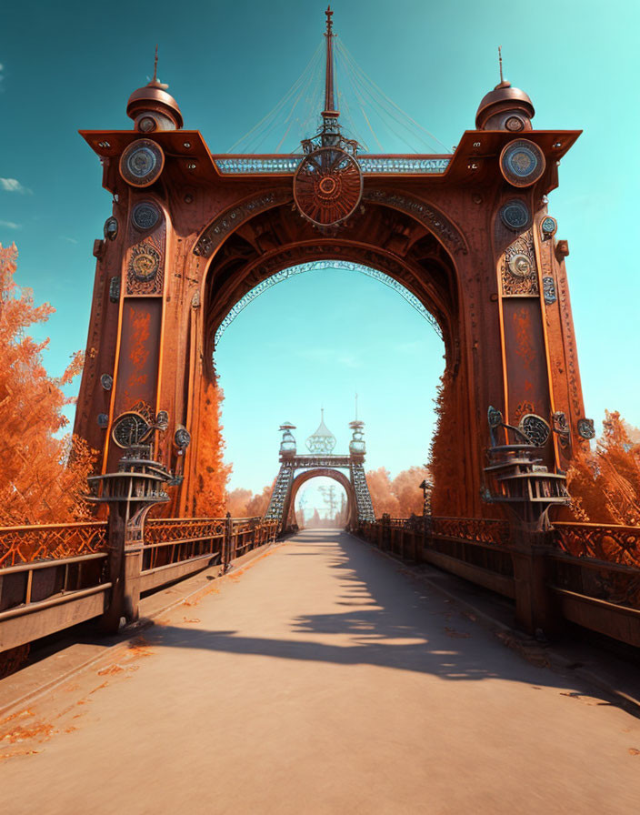 Ornate suspension bridge with grand towers in autumn setting