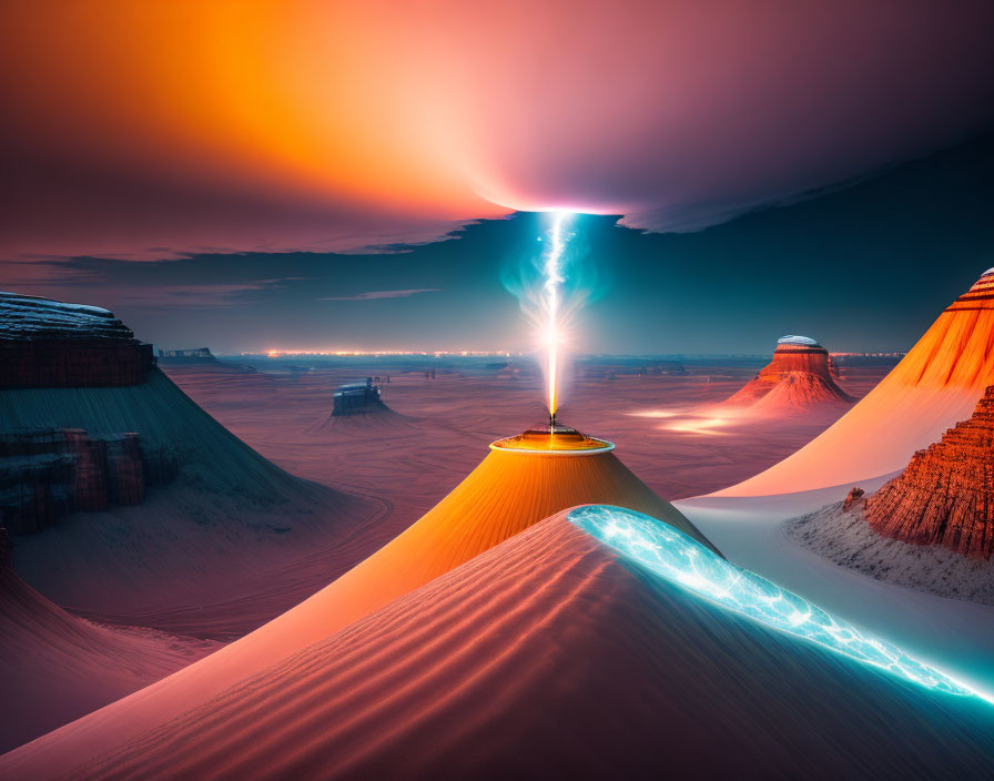 Vibrant orange and blue desert landscape with UFO light beam