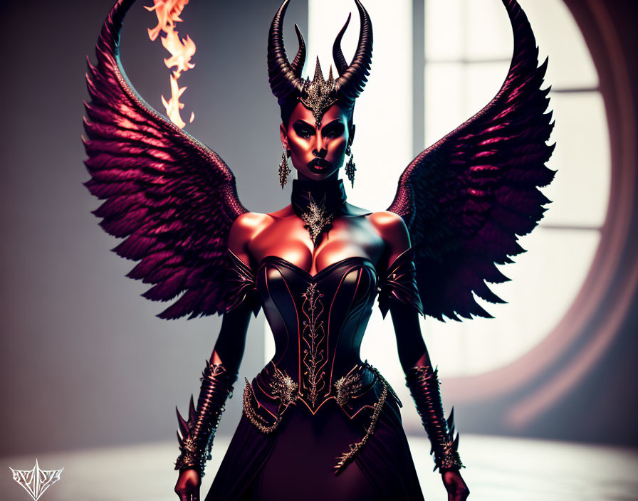 Dark angelic woman with flaming crown and gothic corset.