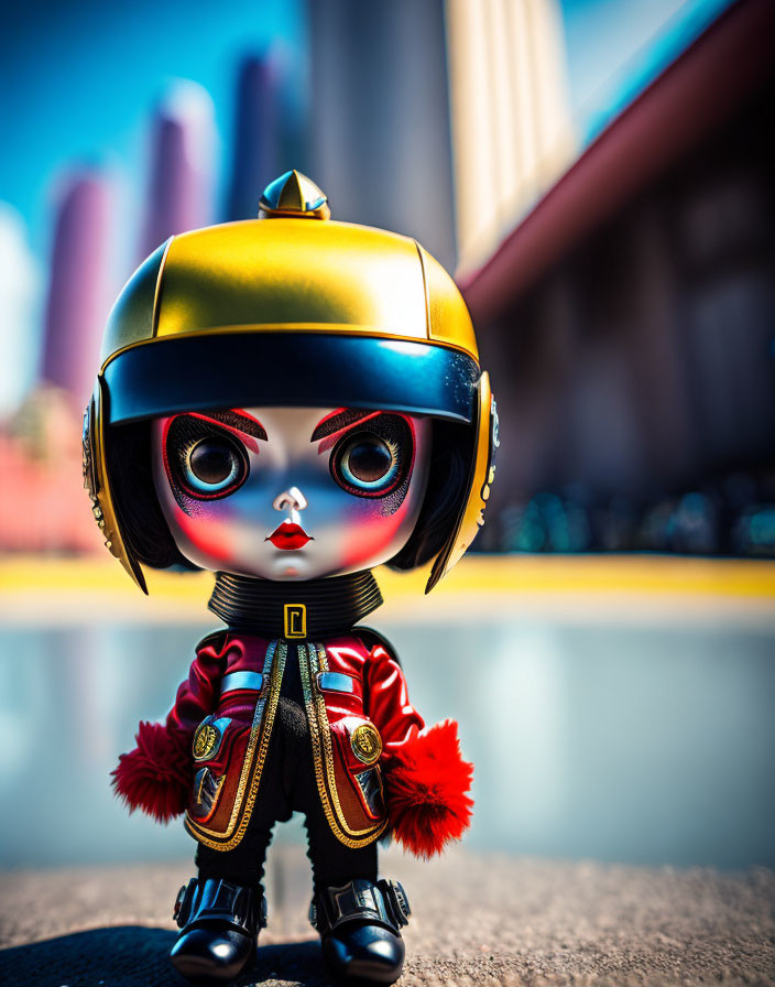 Stylized collectible figure in helmet and red jacket on reflective surface with city buildings.