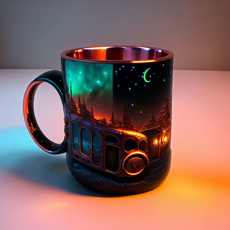 Luminous aurora and night-time train design on a glowing mug