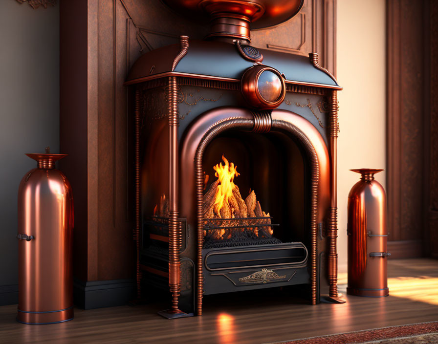 Vintage Wood-Burning Stove with Copper Cylinders and Wood-Paneled Wall