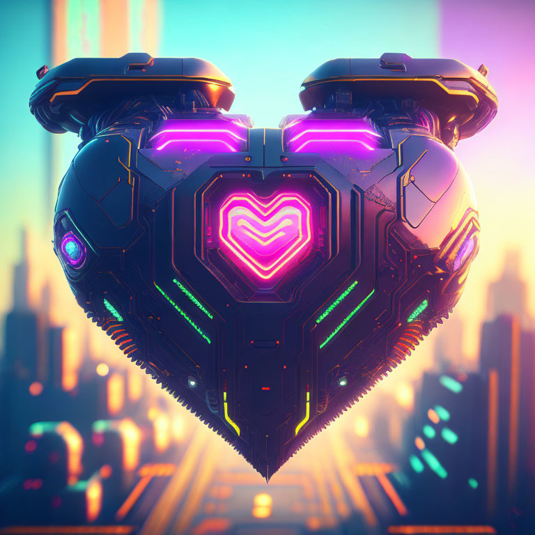 Heart-shaped spaceship with neon accents over cityscape at sunset