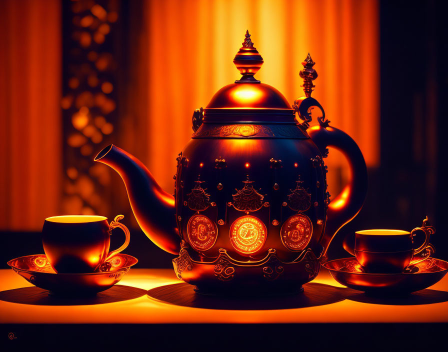 Intricately designed teapot and cups on table with amber drapery