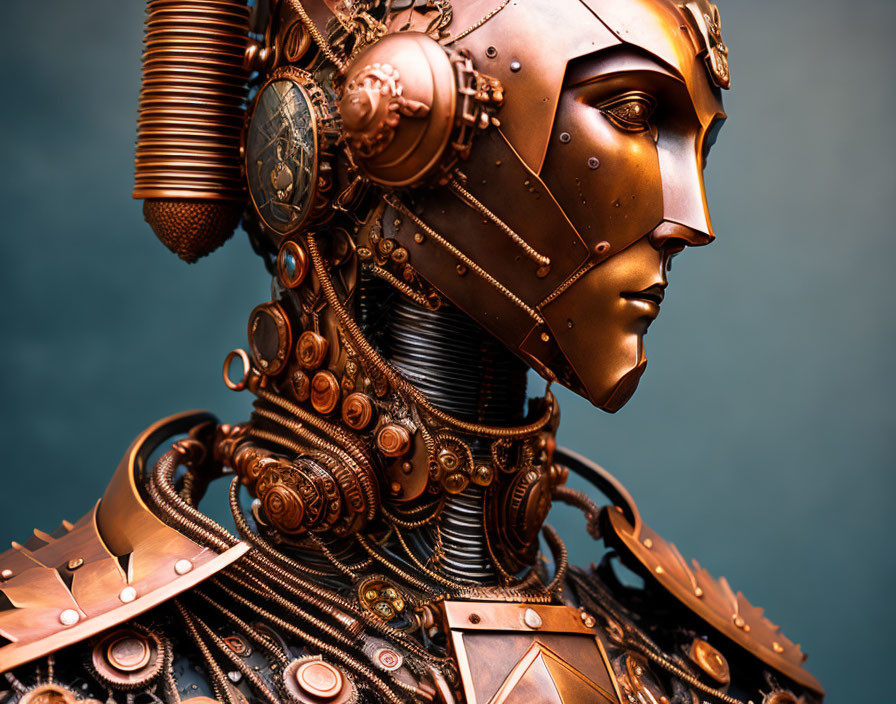 Intricate steampunk robotic head with bronze finish