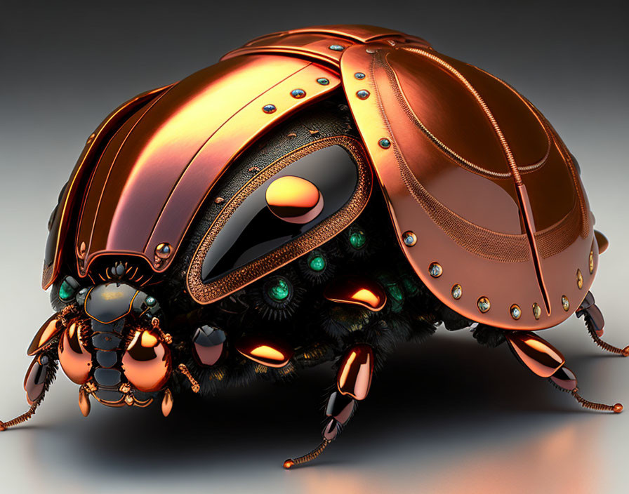 Stylized mechanical ladybug art with copper and black design