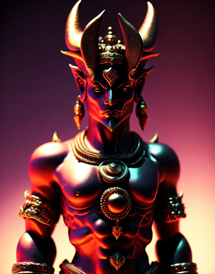 Mythical demon-like figure with horns and gold jewelry on warm-toned background