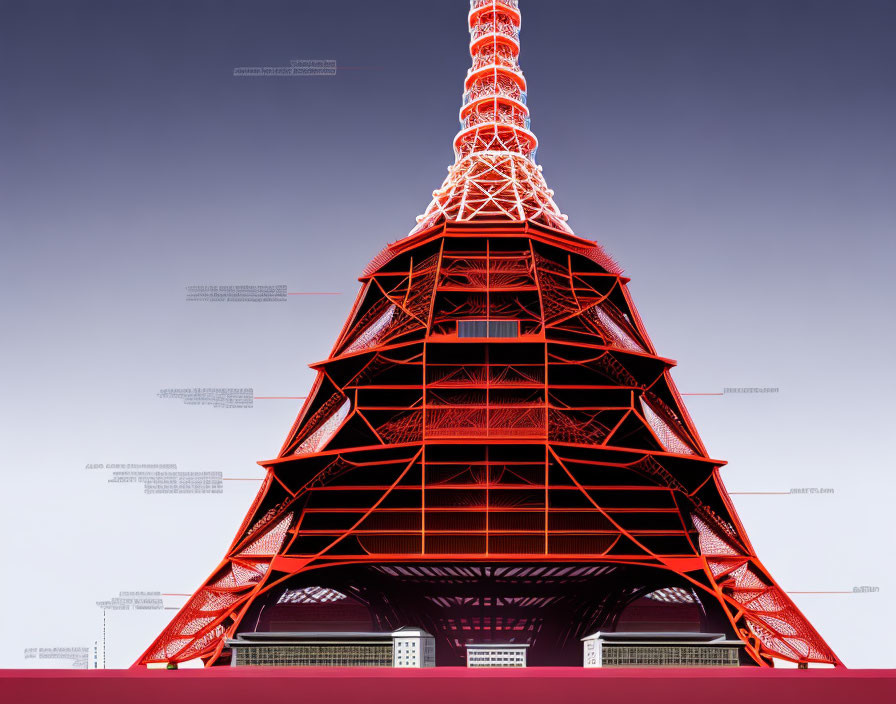 Vivid red Tokyo Tower illustration with annotated details