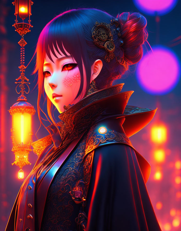 Digital illustration: Woman with red eyes in oriental attire, lanterns in vivid nocturnal scene