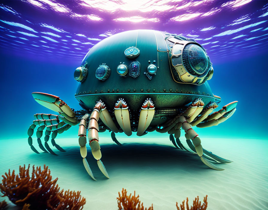 Mechanical crab digital art with intricate gears in underwater scene