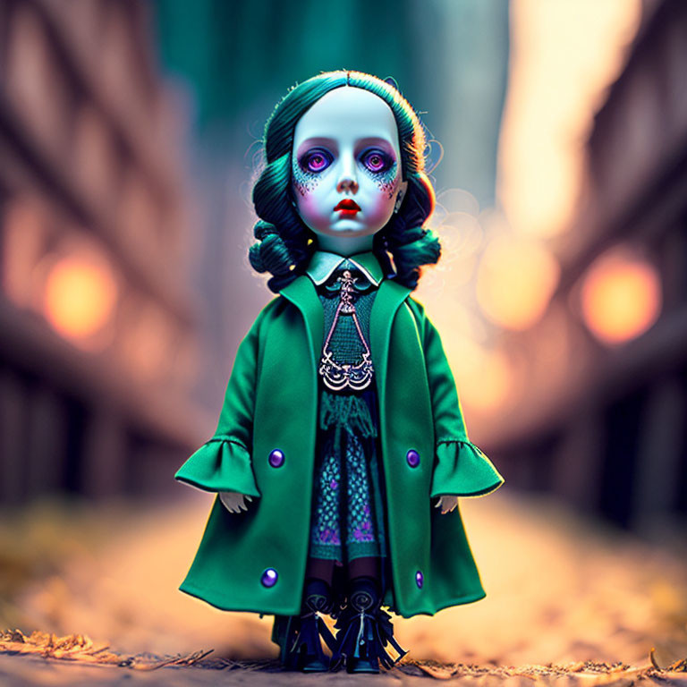 Stylized doll with gothic makeup in green coat on urban background