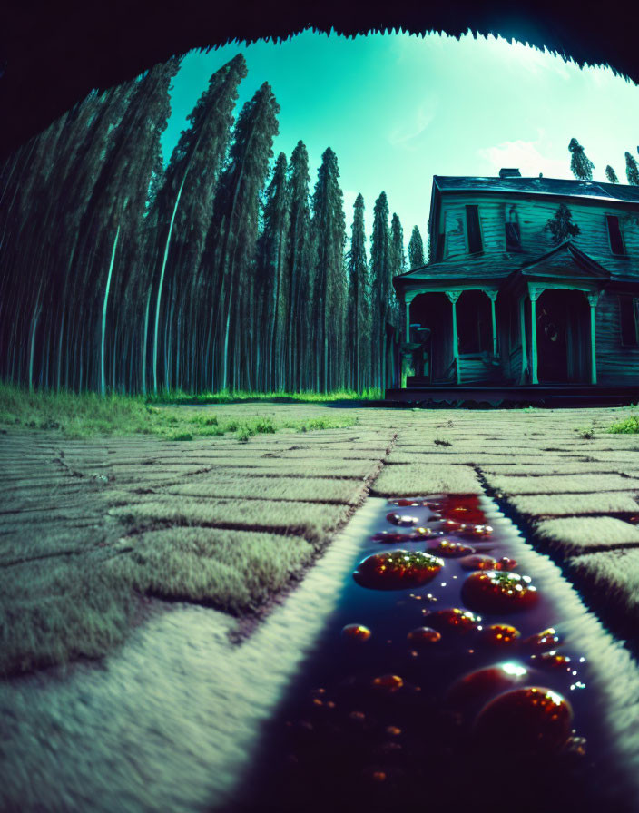 Distorted view of eerie old house with cracked pathway and tall trees