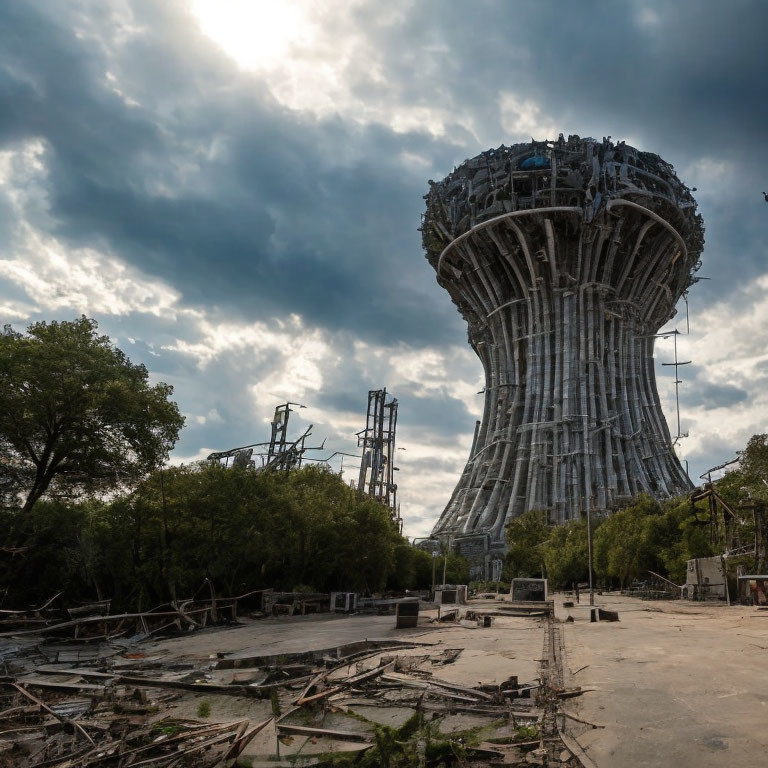 Dilapidated cooling tower in industrial decay and foliage landscape