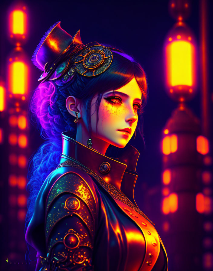 Futuristic digital artwork: Woman with blue hair in cybernetic attire amid neon-lit backdrop