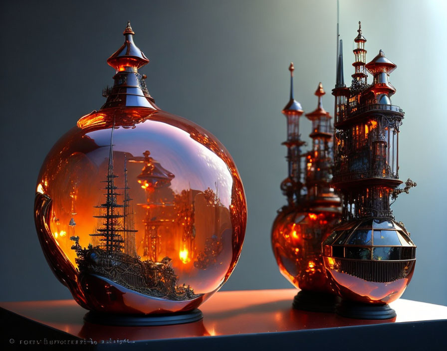 Steampunk-inspired sculptures: Metallic towers and gears in orange spheres