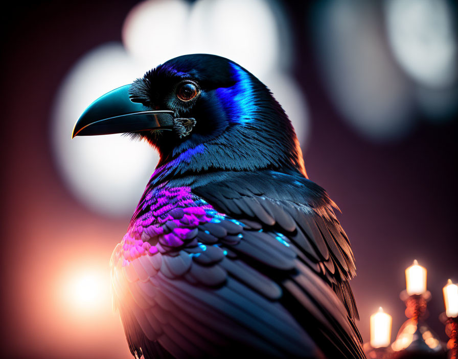 Iridescent bird with black beak on warm bokeh backdrop