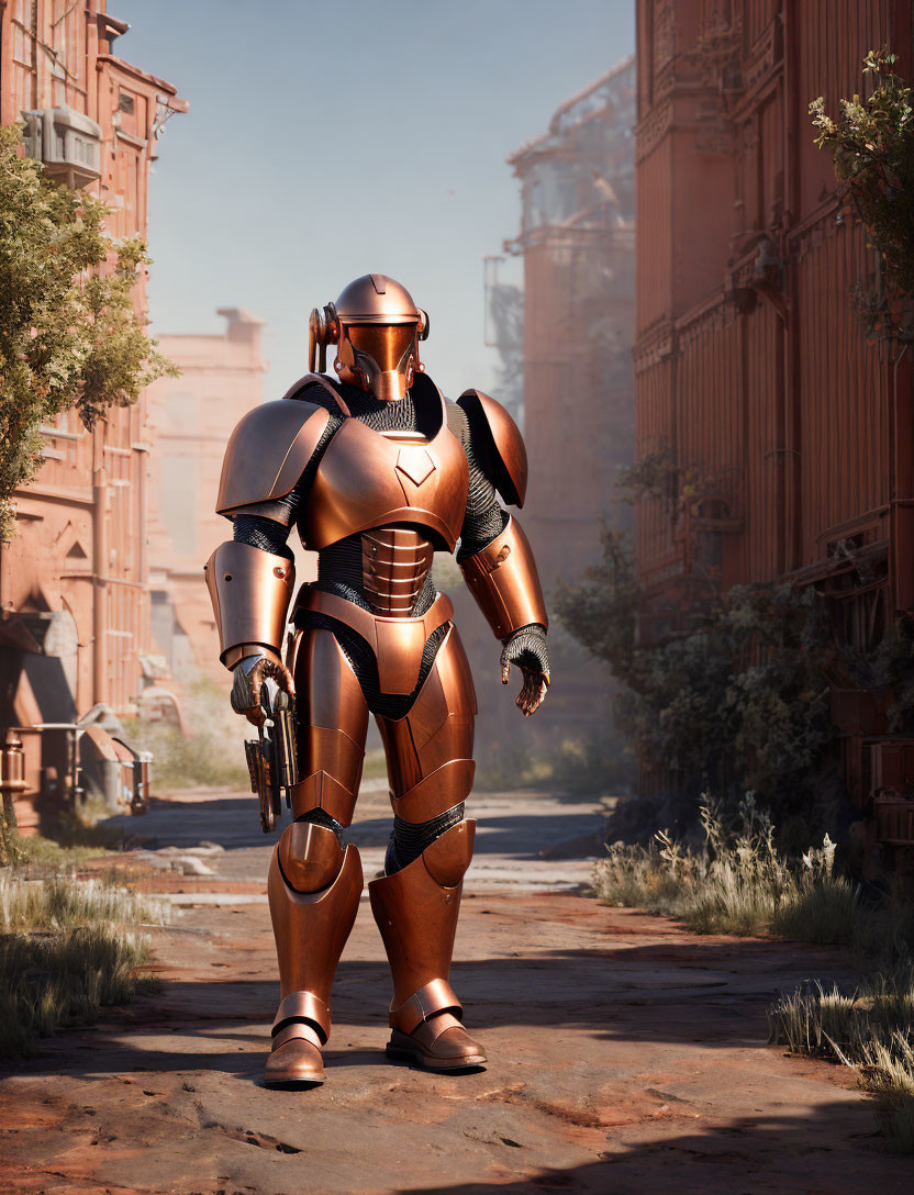 Orange-armored humanoid robot in deserted street with dilapidated buildings.