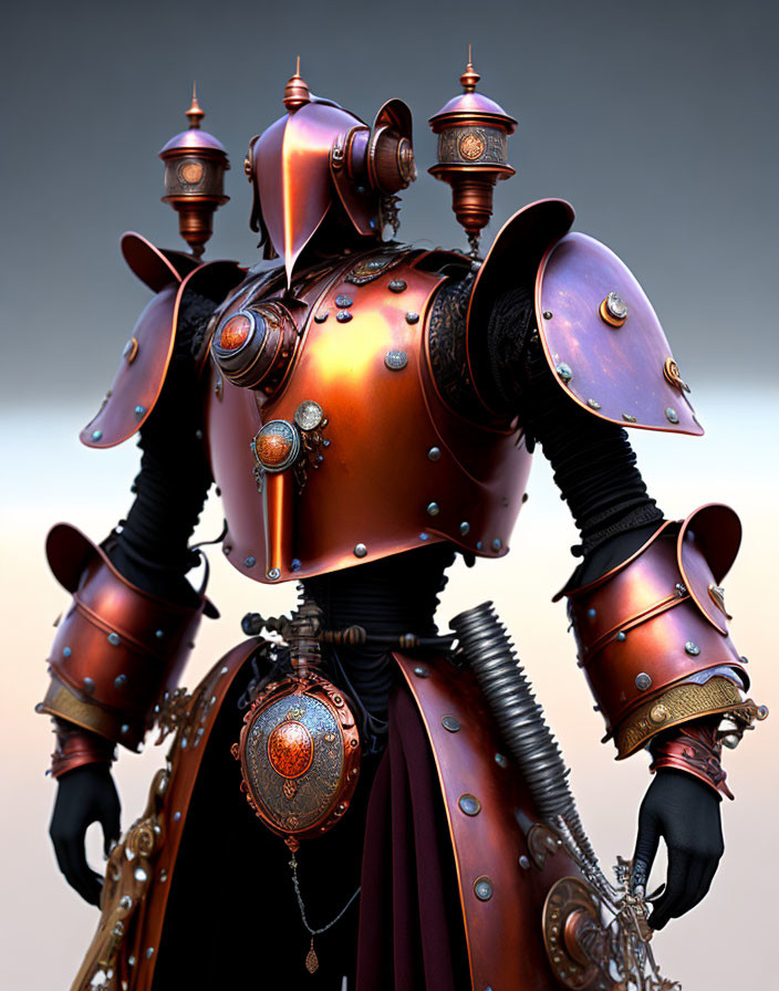 Steampunk-style knight digital artwork with intricate bronze armor