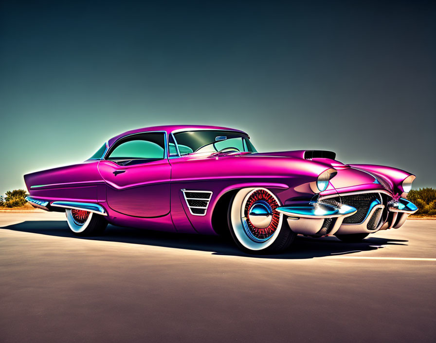 Vintage purple car with white wall tires and chrome details under blue sky