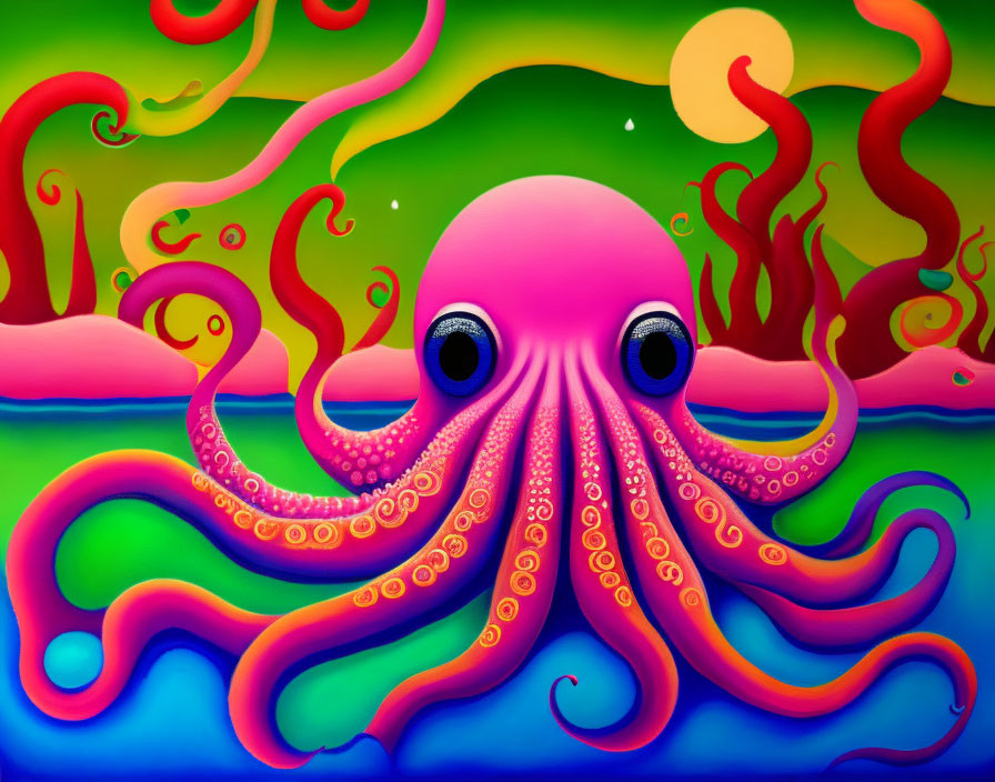 Vibrant octopus art with swirling tentacles on surreal landscape.