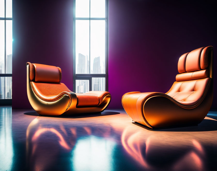 Stylish Orange Chairs in Modern Room with Purple Walls