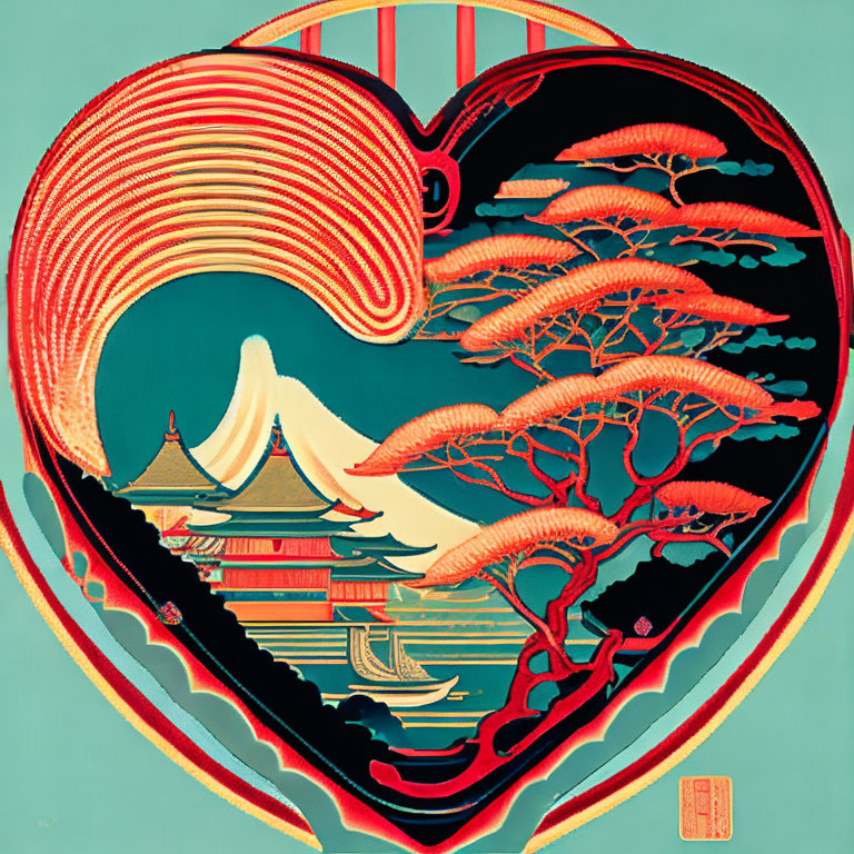 Heart-shaped Japanese pagoda scene with red foliage and wave on striped backdrop