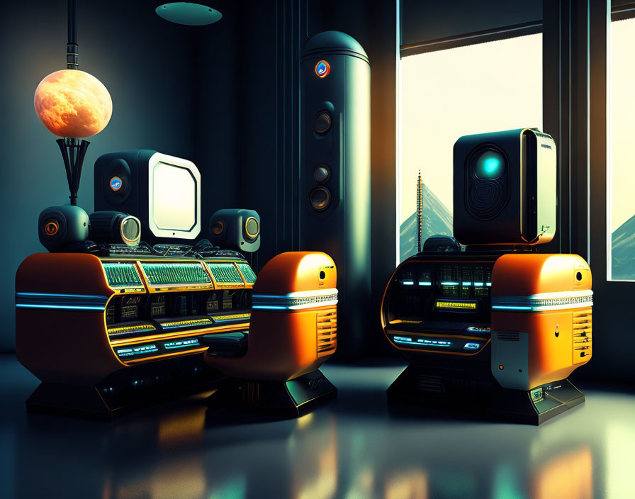 Futuristic room with retro robots, old-school monitors, warm lighting, skyscraper view, and