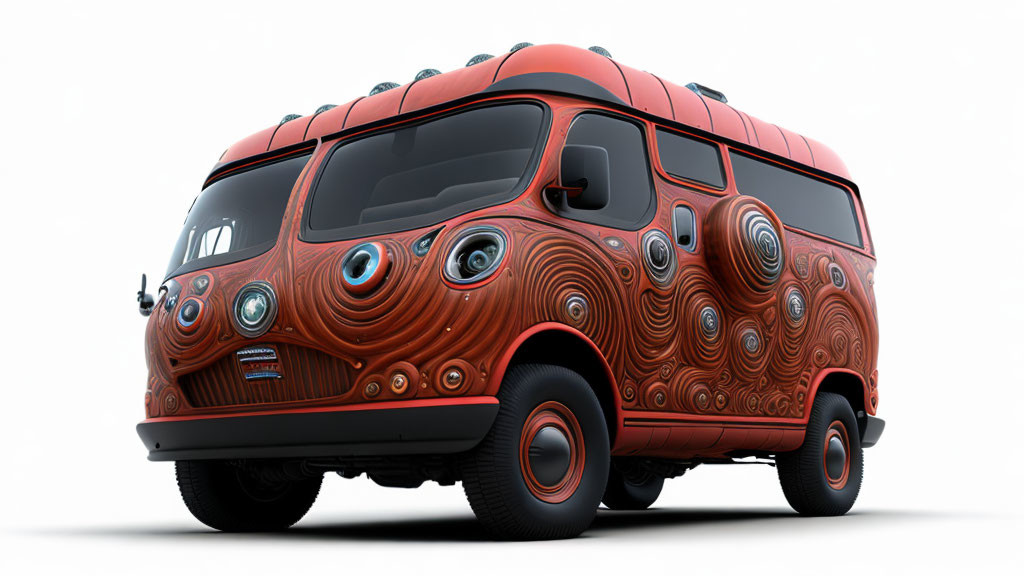 Red whimsical bus with circular patterns and stylized eyes on white background