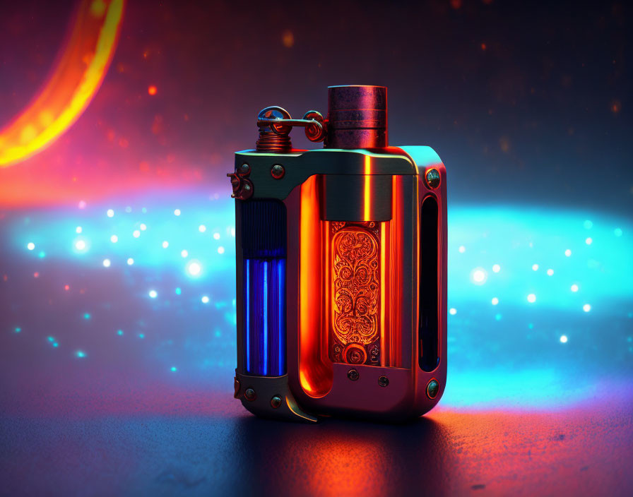 Metal lighter with visible blue fuel levels on colorful backdrop