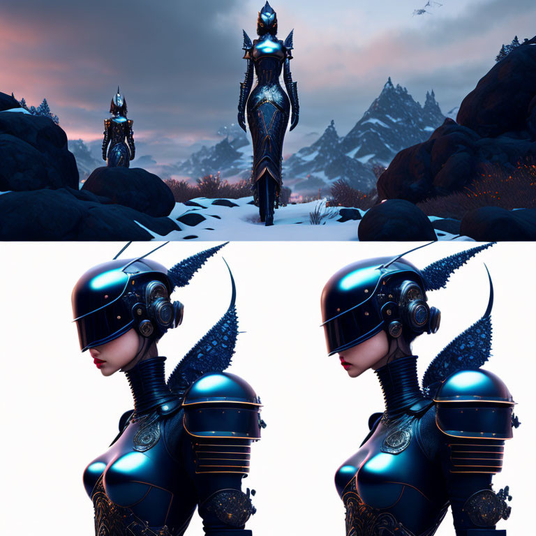 Futuristic female warrior in sleek armor in snowy landscape at dusk