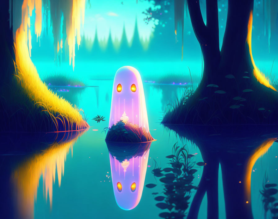 Vibrant digital art: Glowing jellyfish creature over neon-lit forest lake