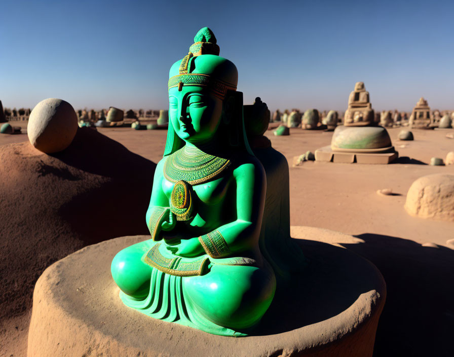 Green Egyptian goddess statue in desert landscape.