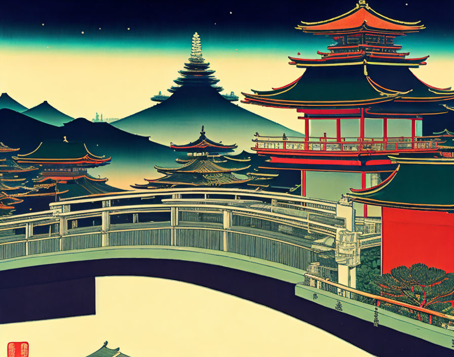 Traditional Japanese Woodblock Print: Bridge, Pagoda, Rooftops, Mountain