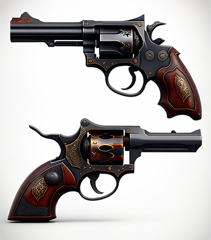 Ornate Revolvers with Long and Short Barrels on White Background