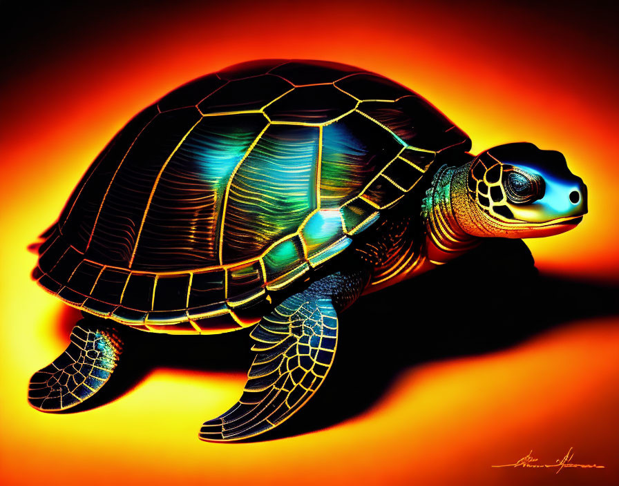 Colorful digital artwork: Glowing sea turtle on fiery background